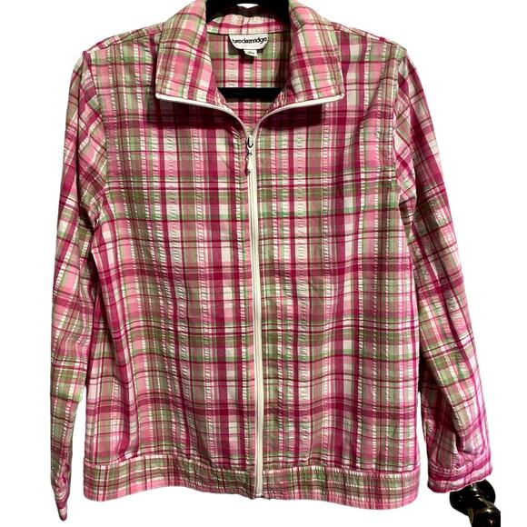 Breckenridge Womens Zip Up Collared Shacket Medium Pink Green Plaid Preppy Thin - Picture 11 of 11